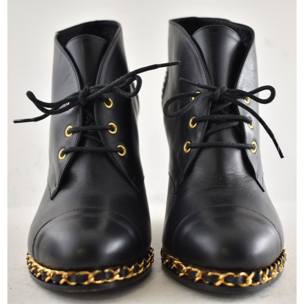 Chanel Black Leather Gold Chain Around CC Logo Lace Up Tie Ankle Wedge Boot 38.5 - Picture 7 of 16